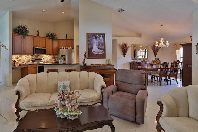 living area featuring a notable chandelier, recessed lighting, light tile patterned floors, lofted ceiling, and visible vents