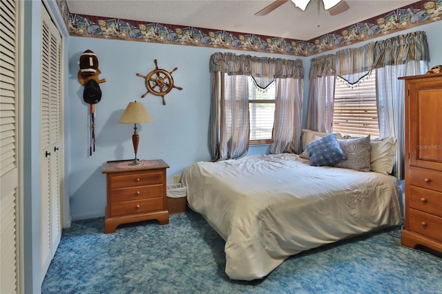 bedroom featuring carpet floors and ceiling fan