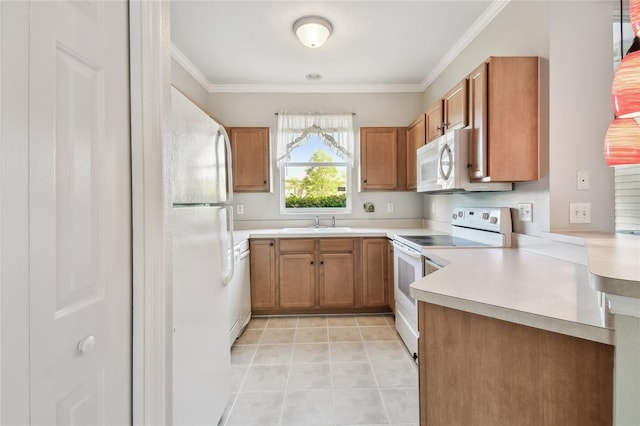 kitchen featuring white appliances, ornamental molding, and brown cabinetry