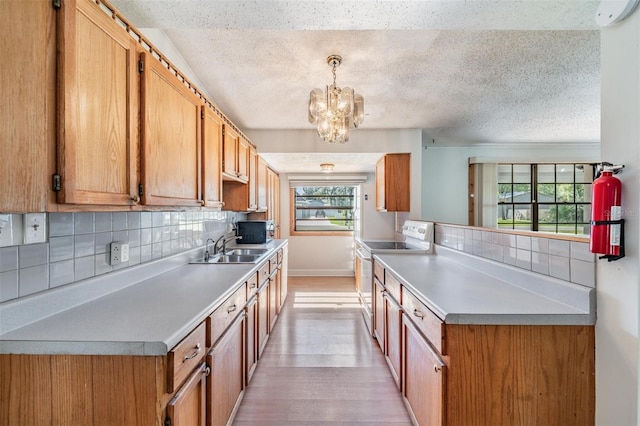 15808 Willowdale Rd, Tampa, FL 33625 - kitchen featuring white range with electric cooktop, decorative backsplash, light wood-style flooring, a chandelier, and a textured ceiling