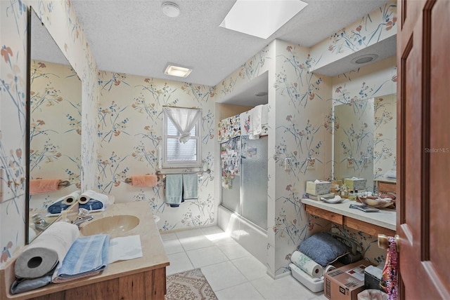 full bath featuring tile patterned flooring, a textured ceiling, wallpapered walls, a skylight, and bath / shower combo with glass door