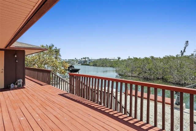 wooden terrace featuring a water view