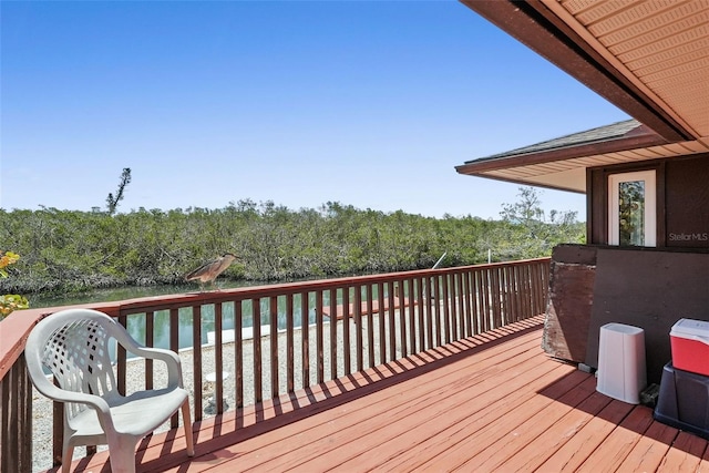 deck featuring a water view and a view of trees