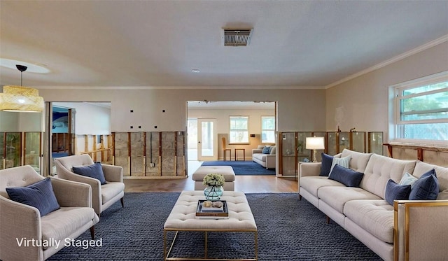 4511 Huntington St NE, Saint Petersburg, FL 33703 - living room featuring healthy amount of natural light, crown molding, and wood finished floors