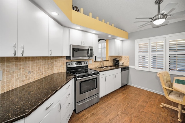 kitchen with a sink, wood finished floors, a ceiling fan, appliances with stainless steel finishes, and backsplash