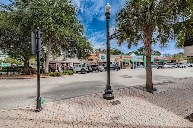 view of road featuring street lighting and curbs