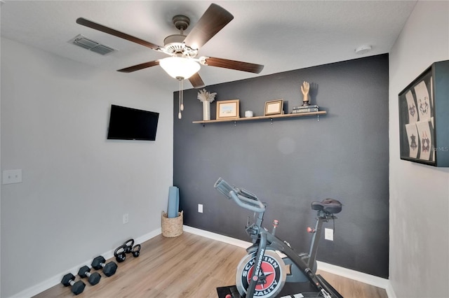 13506 Wild Ginger St, Riverview, FL 33579 - exercise room featuring ceiling fan and wood finished floors