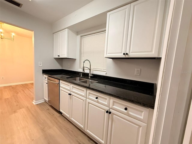 1505 Piedmont Dr, Deltona, FL 32725 - kitchen with a sink, stainless steel dishwasher, white cabinetry, light wood-style floors, and baseboards