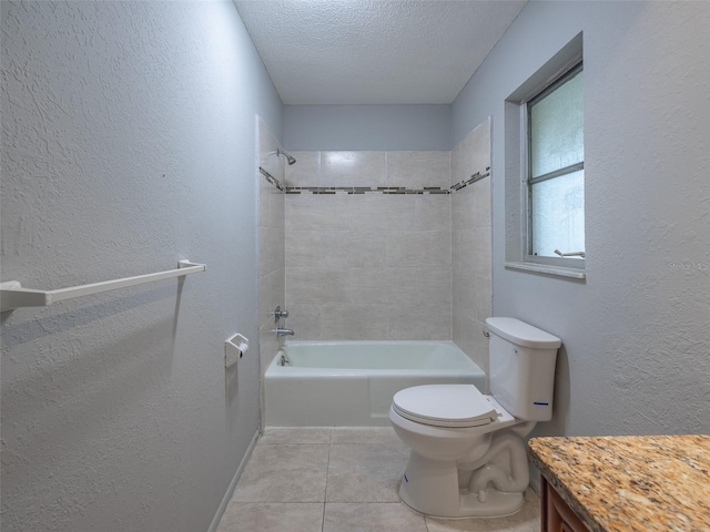 bathroom featuring a textured ceiling, shower / bathing tub combination, a textured wall, toilet, and tile patterned flooring