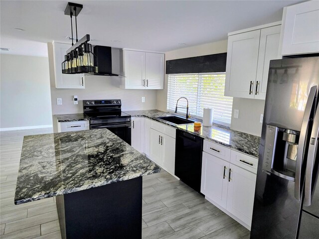 kitchen featuring electric range, black dishwasher, wall chimney range hood, fridge with ice dispenser, and a sink