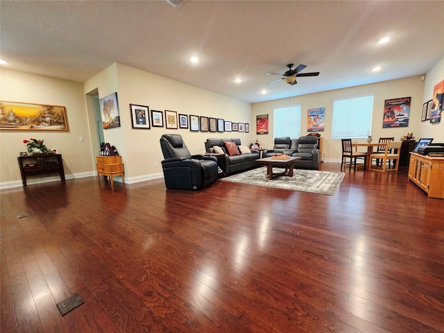 13525 Gorgona Isle Dr, Windermere, FL 34786 - living room with ceiling fan, dark wood-style floors, recessed lighting, and baseboards