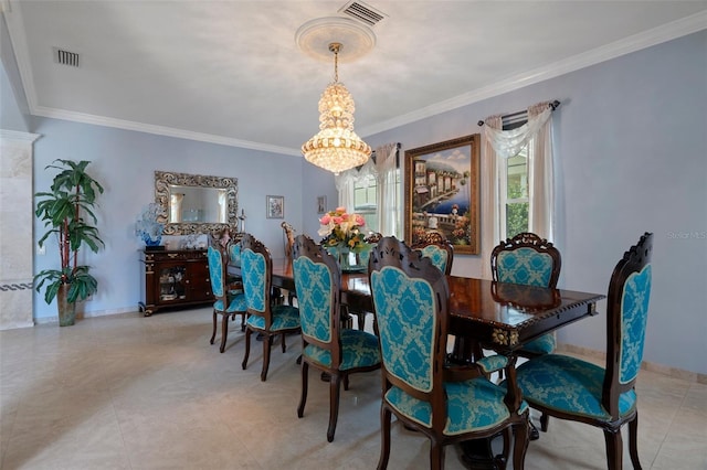 15630 N Himes Ave, Tampa, FL 33618 - dining space with visible vents, crown molding, baseboards, and an inviting chandelier