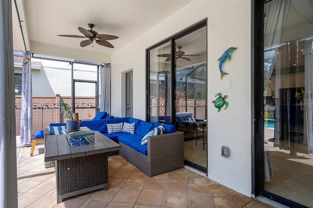 15630 N Himes Ave, Tampa, FL 33618 - view of patio / terrace featuring a ceiling fan and an outdoor living space with a fire pit