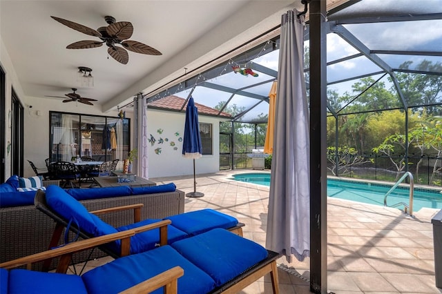 15630 N Himes Ave, Tampa, FL 33618 - outdoor pool featuring outdoor lounge area, ceiling fan, a patio area, outdoor dining area, and a lanai