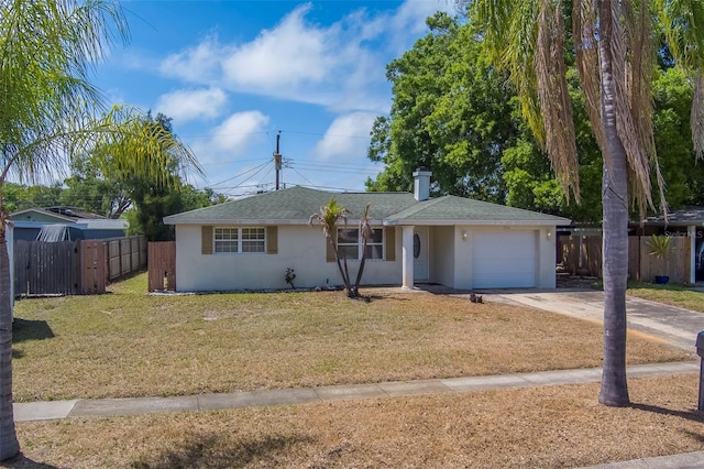 ranch-style home with stucco siding, driveway, fence, and a garage