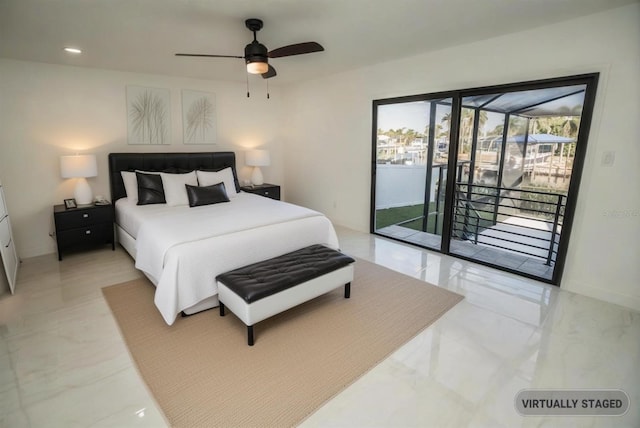 bedroom with access to exterior, light marble finish floors, recessed lighting, and a ceiling fan