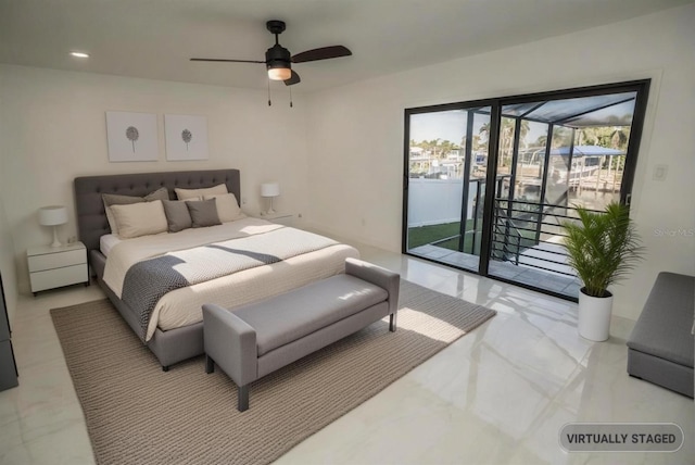 bedroom with access to exterior, light marble finish flooring, and a ceiling fan
