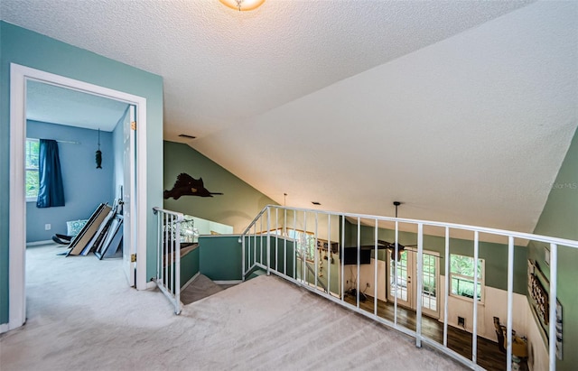 678 Greenglen Ln, Palm Harbor, FL 34684 - hall with an upstairs landing, plenty of natural light, carpet floors, lofted ceiling, and a textured ceiling