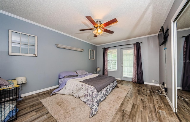 678 Greenglen Ln, Palm Harbor, FL 34684 - bedroom with wood finished floors, ornamental molding, a textured ceiling, access to outside, and baseboards