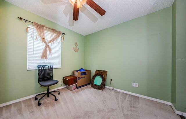 678 Greenglen Ln, Palm Harbor, FL 34684 - office with carpet, a textured ceiling, a ceiling fan, and baseboards