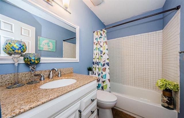 678 Greenglen Ln, Palm Harbor, FL 34684 - bathroom featuring vanity, shower / bathtub combination with curtain, toilet, and tile patterned floors