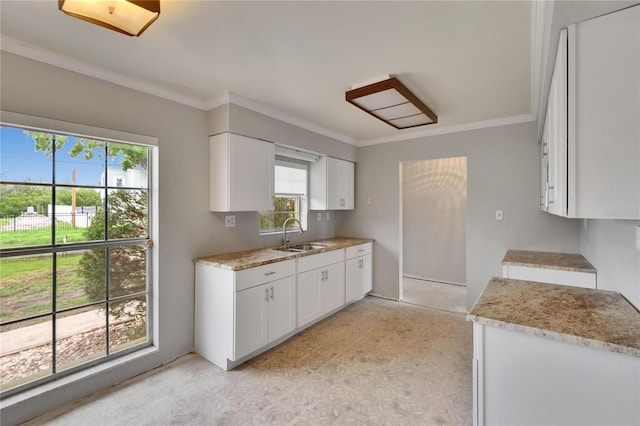 814 Seabreeze Dr, Ruskin, FL 33570 - kitchen with healthy amount of natural light, a sink, light floors, white cabinets, and ornamental molding
