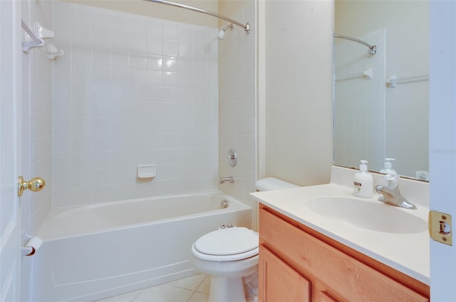 full bath with toilet, vanity, tile patterned flooring, and bathtub / shower combination