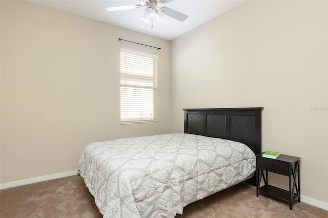 bedroom featuring carpet floors, baseboards, and ceiling fan