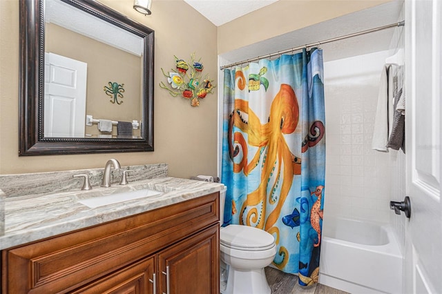 full bath featuring toilet, shower / bath combination with curtain, wood finished floors, and vanity