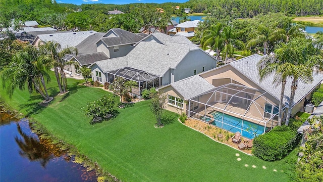 drone / aerial view featuring a water view