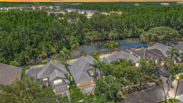 bird's eye view with a water view and a wooded view