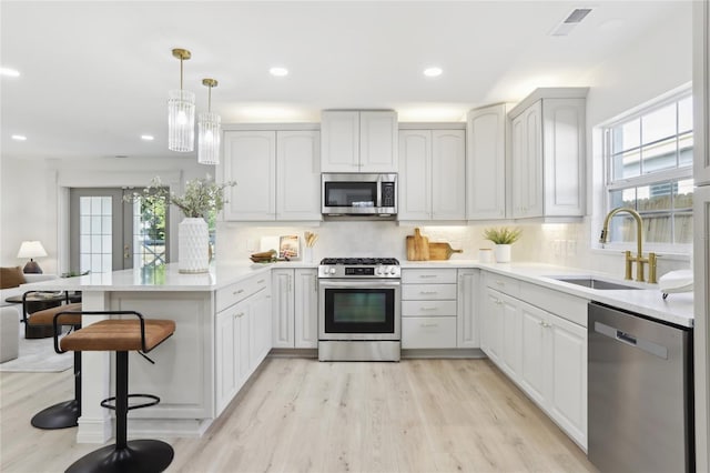 kitchen with appliances with stainless steel finishes, a healthy amount of sunlight, a peninsula, and a sink