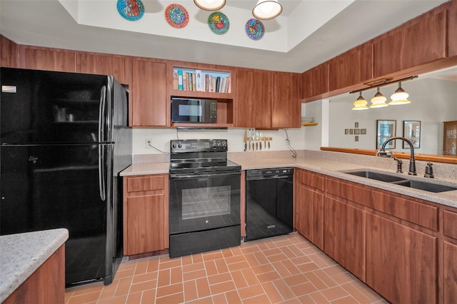 5115 S Jules Verne Ct, Tampa, FL 33611 - kitchen with black appliances, a sink, open shelves, and brown cabinetry