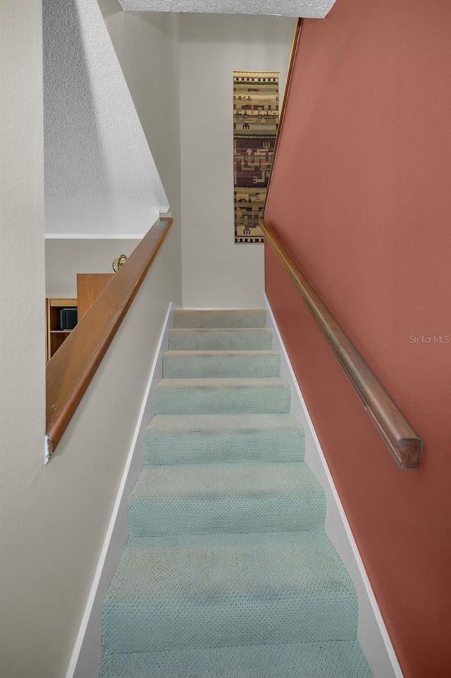 5115 S Jules Verne Ct, Tampa, FL 33611 - stairway featuring carpet floors and a textured ceiling