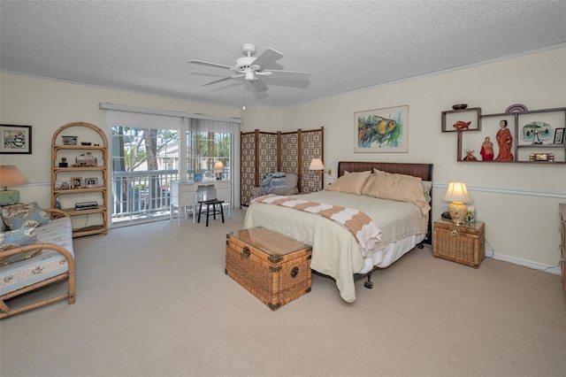 5115 S Jules Verne Ct, Tampa, FL 33611 - bedroom with access to exterior, a ceiling fan, a textured ceiling, and carpet