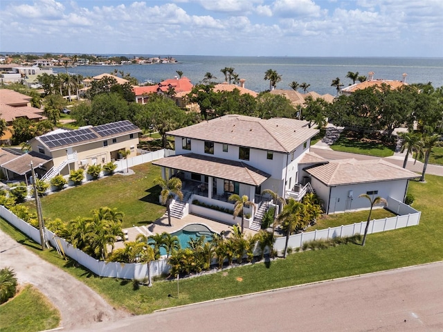 drone / aerial view featuring a water view