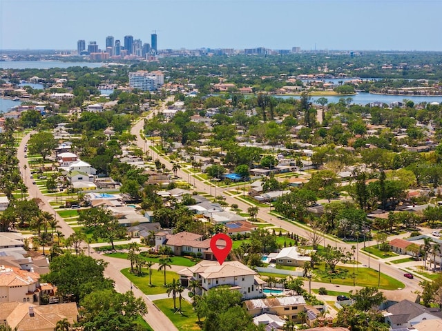 drone / aerial view with a water view and a view of city