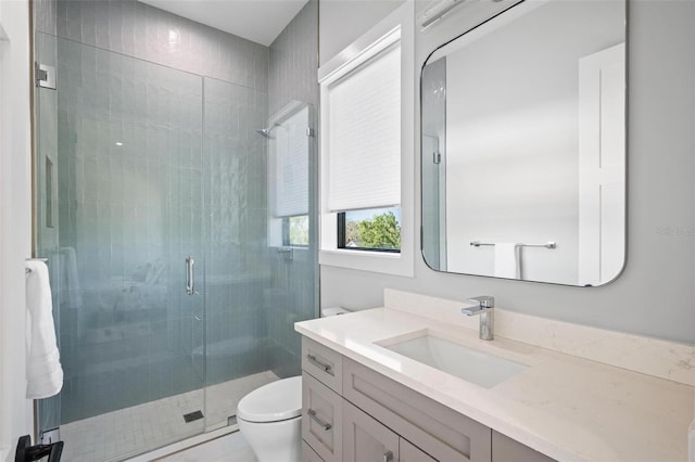 full bathroom featuring a shower stall, toilet, and vanity