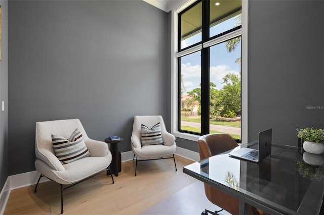 home office with baseboards, a healthy amount of sunlight, and wood finished floors