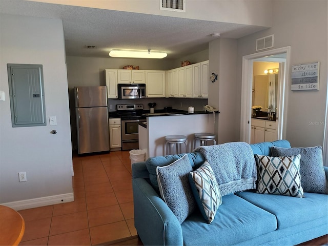 tiled living room featuring baseboards, visible vents, a sink, and electric panel