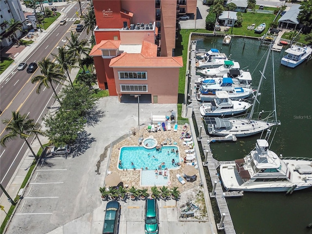 bird's eye view with a water view