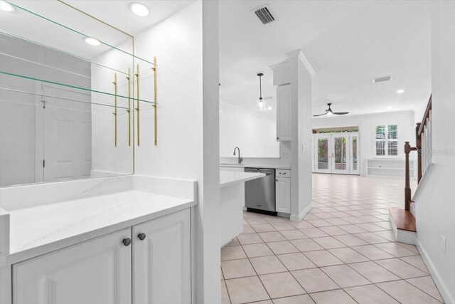 bathroom featuring a ceiling fan, vanity, tile patterned floors, baseboards, and recessed lighting