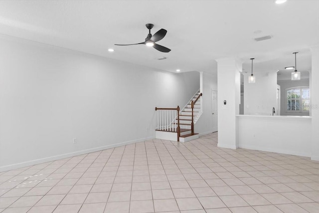 unfurnished room with stairway, ceiling fan, recessed lighting, and visible vents