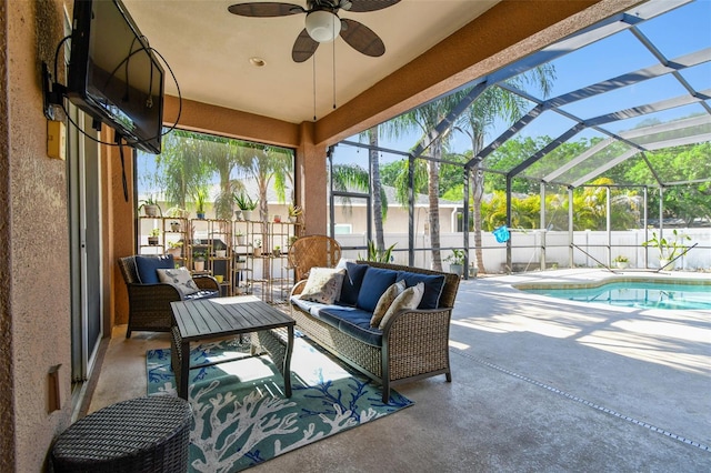 1939 Heartland Cir, Valrico, FL 33594 - view of patio with ceiling fan, fence, an outdoor hangout area, a fenced in pool, and a lanai