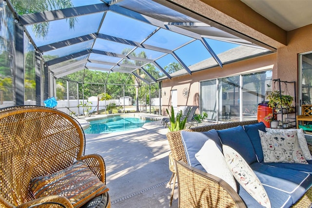 1939 Heartland Cir, Valrico, FL 33594 - view of pool featuring a patio area, glass enclosure, a fenced in pool, a fenced backyard, and outdoor lounge area