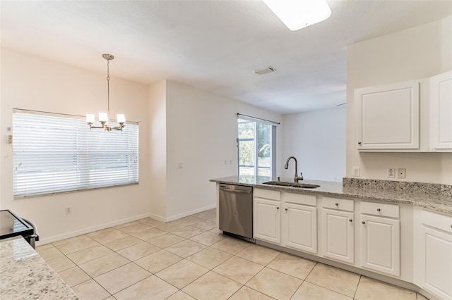kitchen featuring stainless steel dishwasher, a sink, white cabinetry, and light stone countertops