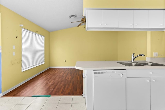1046 Almondwood Dr, Trinity, FL 34655 - kitchen with a sink, ceiling fan, white dishwasher, visible vents, and white cabinetry