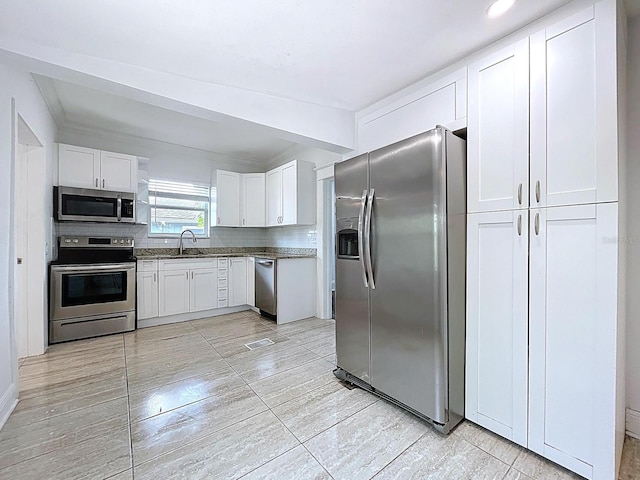 kitchen with decorative backsplash, appliances with stainless steel finishes, a sink, white cabinetry, and visible vents