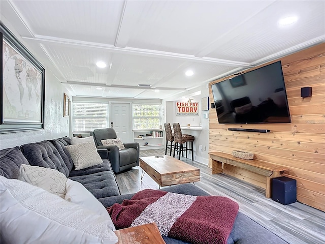 4231 8th St N, Saint Petersburg, FL 33703 - living room featuring recessed lighting, coffered ceiling, and wood finished floors