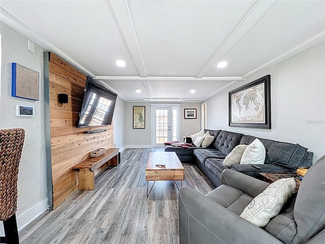 4231 8th St N, Saint Petersburg, FL 33703 - living room featuring french doors, wood finished floors, baseboards, ornamental molding, and recessed lighting